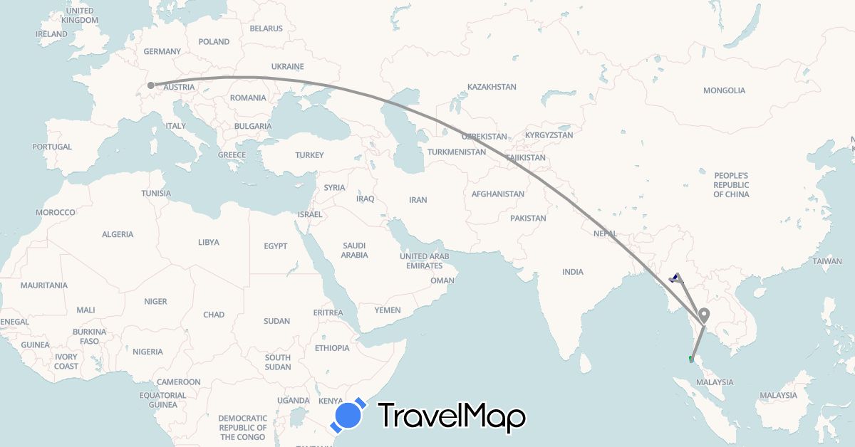 TravelMap itinerary: driving, bus, plane, boat in Switzerland, Myanmar (Burma), Thailand (Asia, Europe)